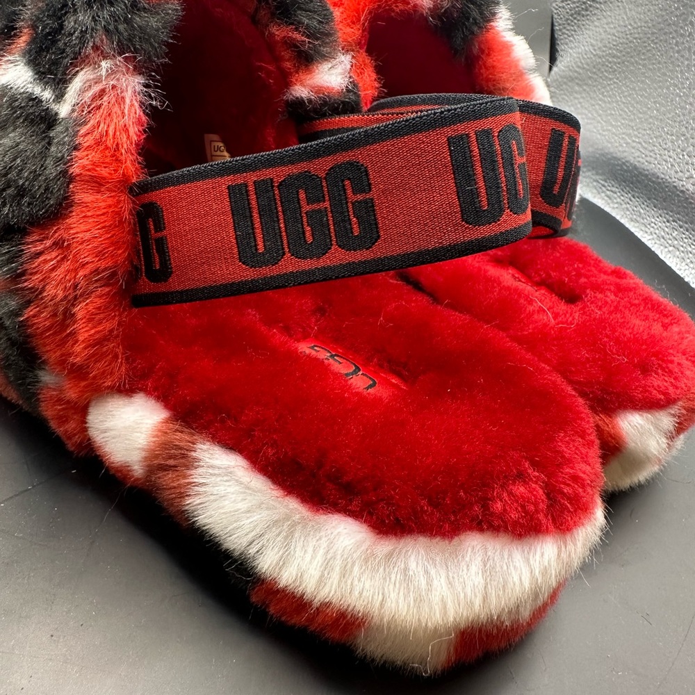 UGG Fluff Yeah Slide Red Tartan Plaid Plush Strap Back Slippers Sandals US 4 - Picture 10 of 11